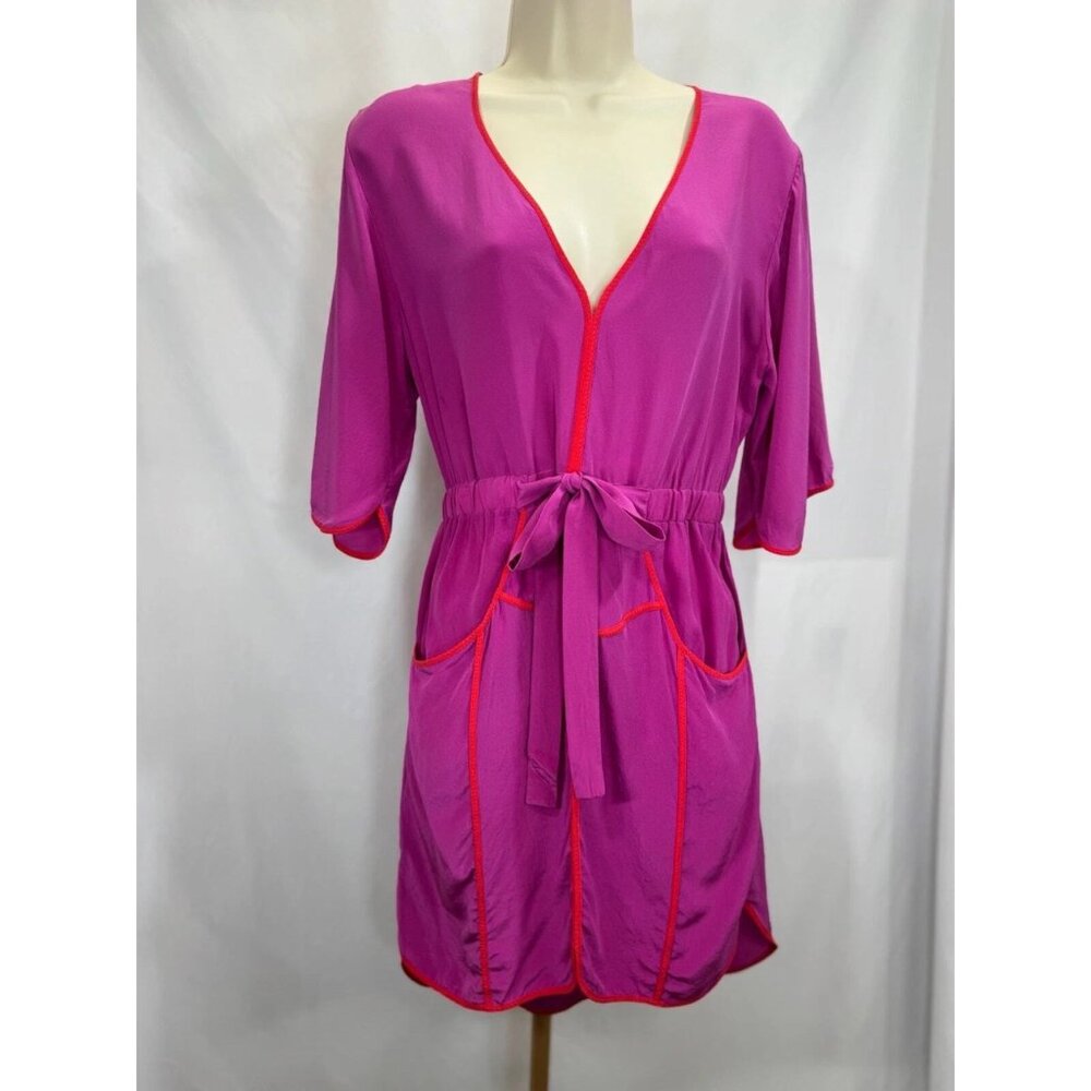 NWT $288 BCBG Max Azria Mandy Fuchsia Silk Kimono Shirt Dress with Pockets, Sz M